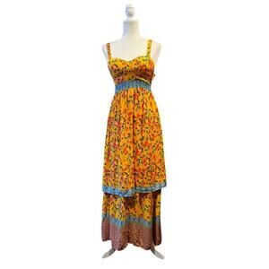 FARM RIO x ANTHROPOLOGIE Anjou Yellow Tiered Maxi Dress Size 0/XS